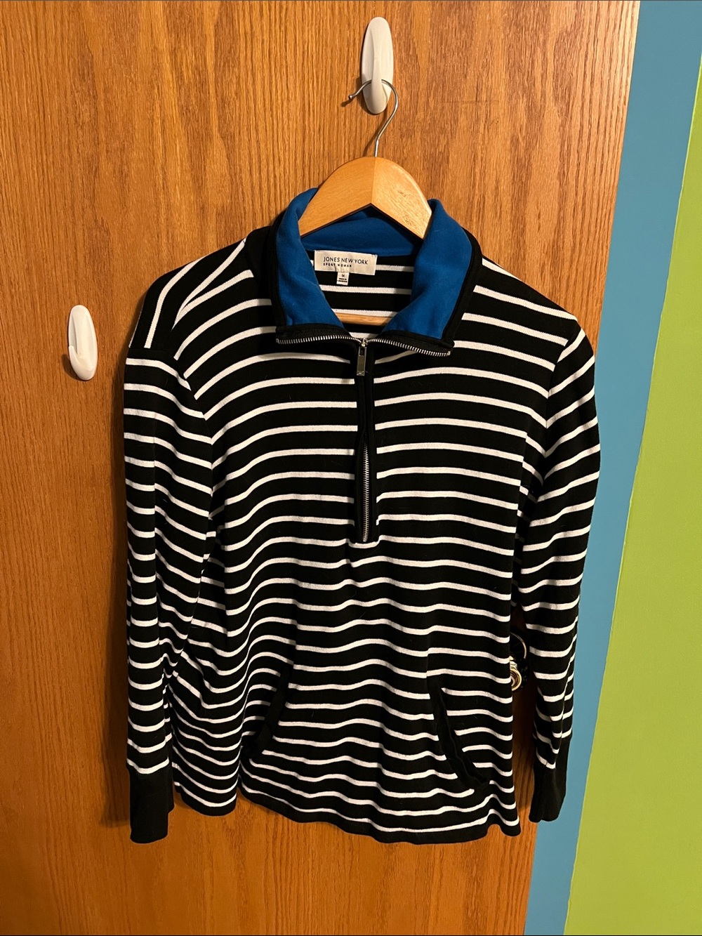 Jones New York Black and White Striped Half‑Zip with Blue Collar 1X